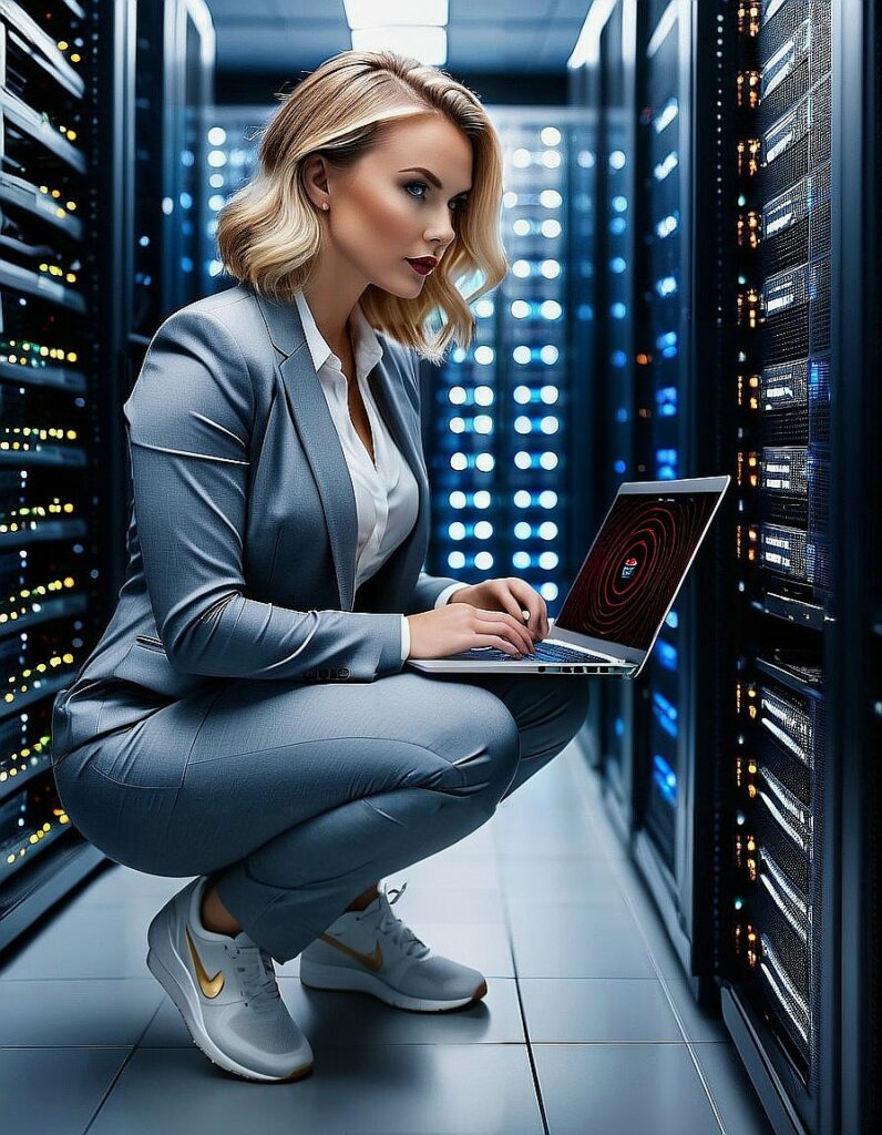 Woman in GPU data center wearing sneaker shoes